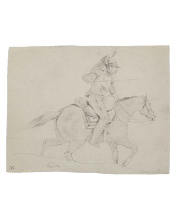 "Soldier on Horseback"  is an original tempera drawing on ivory-colored paper by Anonymous Artist of XIX Century.
