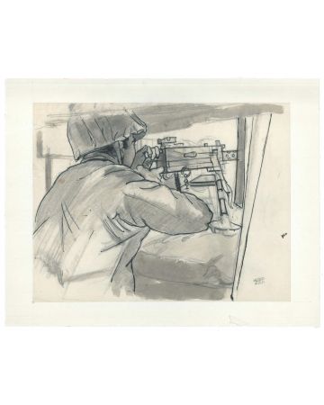 "The Submachine Gun"  is an original black watercolored ink drawing on ivory-colored paper, glued on cardboard, by Jacques Hirtz (1905-1988).