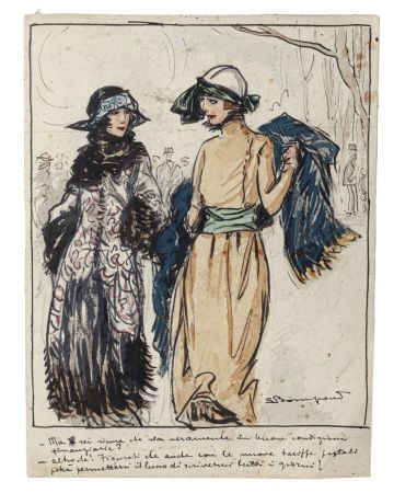 "Elegant Ladies"  is an original watercolored ink drawing on ivory-colored paper, signed by Luigi  Bompard (1879-1953).