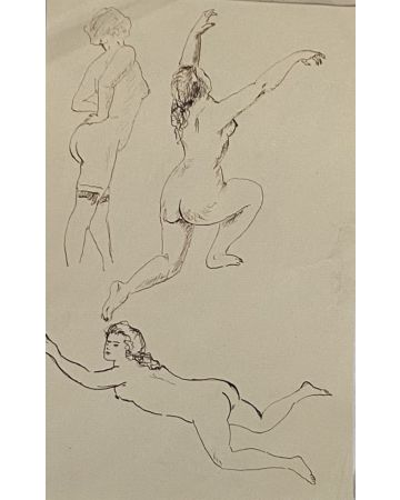 "Figures Studies"  is an original China ink drawing on ivory-colorated paper by Anonymous French Artist of XX Century.