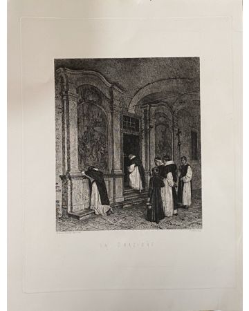 In Prayer is a splendid print in etching technique engraved by the Federico Pastoris (1837-1884).