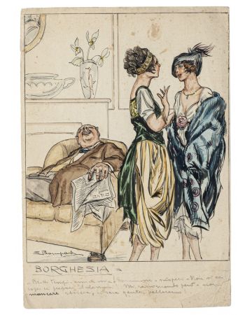 "Bourgeoisie"  is an original watercolored ink drawing on ivory-colored paper, signed by Luigi  Bompard (1879-1953).