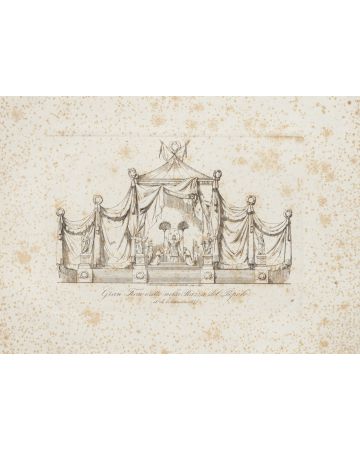"Project for the throne" is an original print in etching technique on ivory-colored cardboard , by Nicola Carnevali (1811-1885).