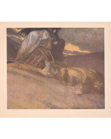 "Schutzengraben"  is an original colored héliogravure on cream-colored cardboard realized by Choisy Le Conin, pseudonym of Franz Von Bayros (Agram, 1866 – Vienna, 1924).