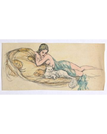 "Woman Figure"  is an original erotic ink and colored pastels drawing on ivory-colored paper, glued on white paper, realized by Anonymous Artist of the XX Century.