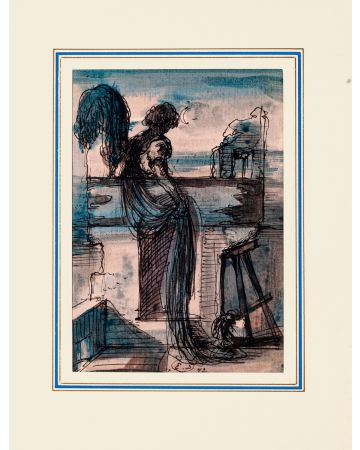 Homesickness 1942s is an original monogramm drawing in ink and watercolor on ivory-colored paper, realized by Russian scenographer Eugène Berman, hand-signed.