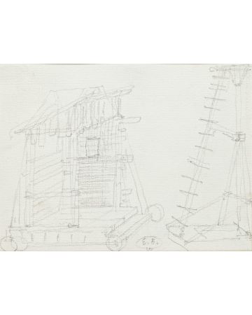 Construction of a Theatrical Machine is an original monogramm drawing in pencil on ivory-colored paper, realized by Russian scenographer Eugène Berman, hand-signed.