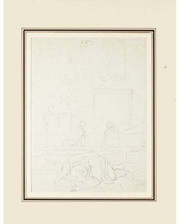 Scenography is an original monogramm drawing in pencil on ivory-colored paper, realized by Russian scenographer Eugène Berman, hand-signed.
