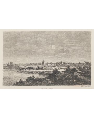 Les Marais 1880s is an original drawing in etching technique on paper, signed by Theodore Rousseau (1812-1867) and by Maillart, a French sculptor.