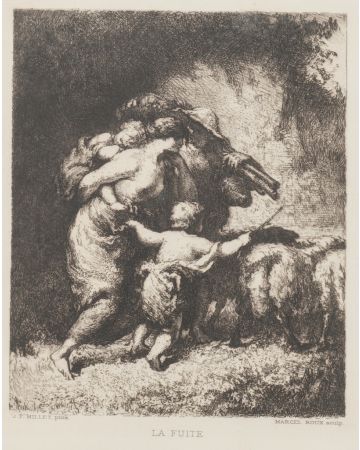 La Fuite is an original print in ething technique on ivory paper, realized byJ.F. Millet (French Painter, 1814-1875) and by Marcel Roux, a sculptor.
