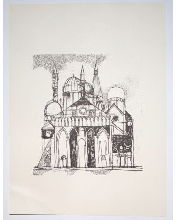 The Cathedral is an original Vintage Offset Print on ivory-colored paper, realized by Franco Gentilini (Italian Painter, 1909-1981), in Late 20th Century.