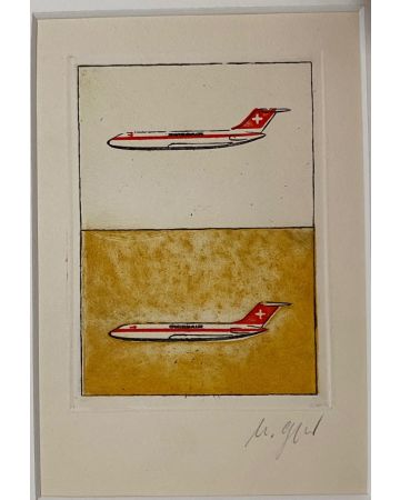 Swissair is an original drawing in etching technique on paper, realized by Anonymous Artist of the 20th Century.