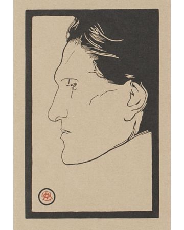 "Portrait of Stefan George" is an original xilograph on brown-colored paper, realized by Reinhold Lepsius (1857-1922).