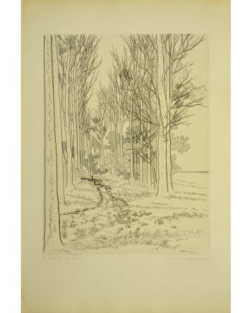 Landscape is an original drawing in etching technique on ivory-colored paper, realized by Ronald Brudieux.