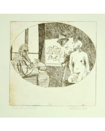 The Painter and the Model is an original drawing in etching technique on paper, realized by Anonymous Artist of the XX Century.