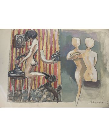 "The Phone Rings"  is an original hand colored drawing on ivory-colorated paper by Mino Maccari (1898-1989).