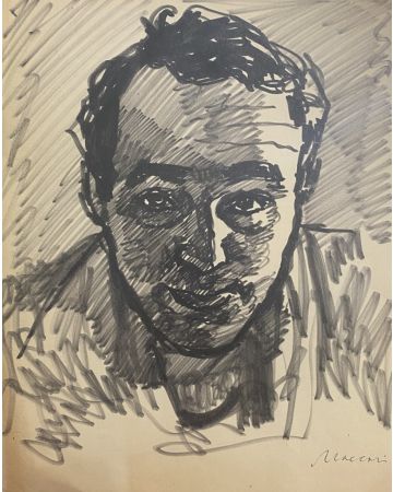 "Man Portrait"  is an original black marker pen drawing on paper by Mino Maccari (1898-1989).