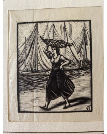 "The fisherwoman" is an original xilograph on brown-colored paper, realized by Anonymous Artist of the 20th Century.