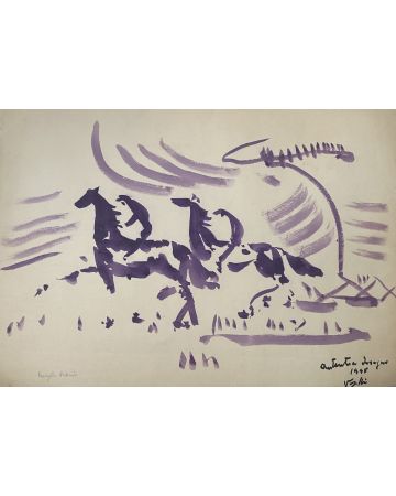 "Horses and Jockeys"  is an original  watercolor drawing on ivory-colorated paper by Antonio Vangelli (1917-2003), in 1948.