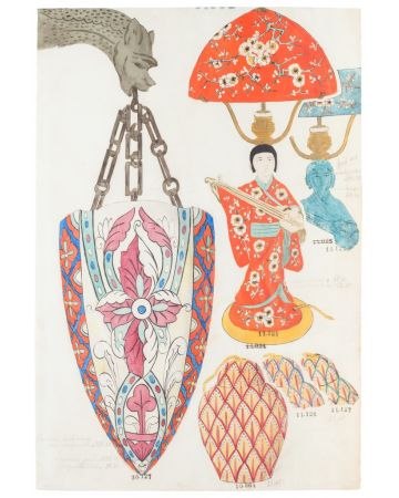 "Lamps"  is an original China ink and watercolor drawing on ivory-colorated paper by Anonymous Artist of XIX Century.