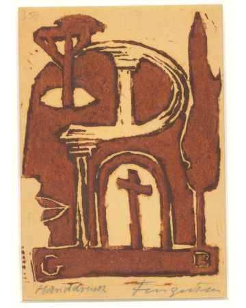 "Ex Libris - Cross" is an original woodcut on ivory-colorated paper by Michel Fingesten, Early 20th Century. Hand signed and with hand notes in pencil.