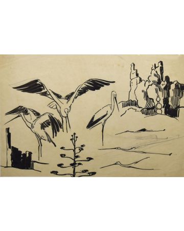 Storks is an original china ink and watercolor drawing realized by Helen Vogt, in 1930. 