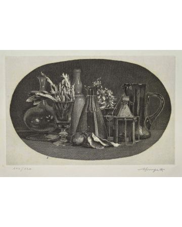 Still Life is an original print in etching technique on cardboard, signed by Vairo Mongatti, in 1980s.