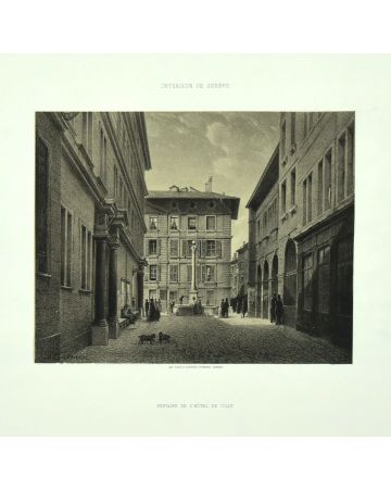 This splendid lithograph Interieur de Geneve. Fontaine de l'Hotel De Ville is part of the series of 20 prints dedicated to views of the city of Geneva, engraved by the Italian artist Antonio Fontanesi in 1854. The lithograph is applied on a cardboard.