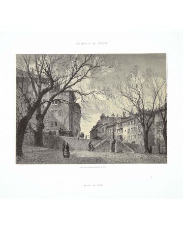 This splendid lithograph Interieur de Geneve. Bourg De Four is part of the series of 20 prints dedicated to views of the city of Geneva, engraved by the Italian artist Antonio Fontanesi in 1854. The lithograph is applied on a cardboard.