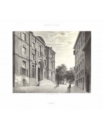 This splendid lithograph Interieur de Geneve. L'Hospital is part of the series of 20 prints dedicated to views of the city of Geneva, engraved by the Italian artist Antonio Fontanesi in 1854. The lithograph is applied on a cardboard.