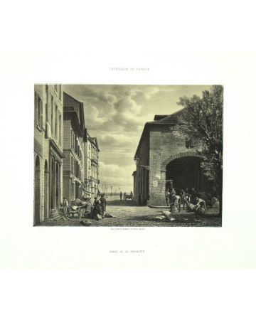 This splendid lithograph Interieur de Geneve. Place de la Grenette is part of the series of 20 prints dedicated to views of the city of Geneva, engraved by the Italian artist Antonio Fontanesi in 1854. The lithograph is applied on a cardboard.