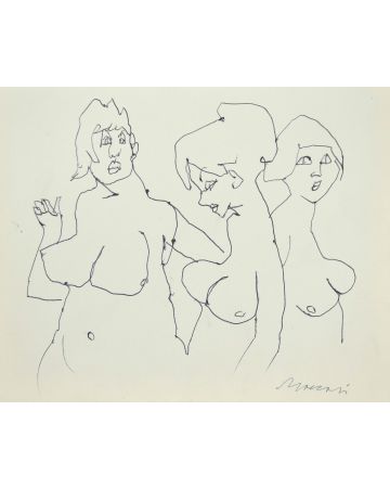 The Models is an original modern artwork realized the 1980s by the Italian artist Mino Maccari (Siena, 1898 - Rome, 1989).
