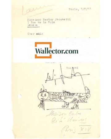 W.Lam, Typewritten Signed Letter with Original Sketch, to N. Jacometti. Paris, 3rd August 1953. Excellent condition