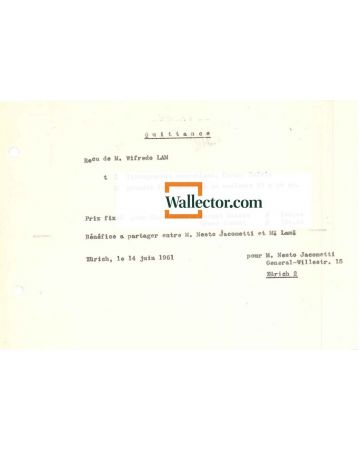 W.Lam, Typewritten receipt to N. Jacometti.Zurich, 14th June 1961. Excellent condition.