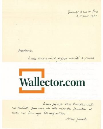 M. Jacob, Autograph and Confidential Letter Signed to  Countess A.L. Pecci-Blunt, Quimper, 1st February 1930. In French. Excellent condition.

