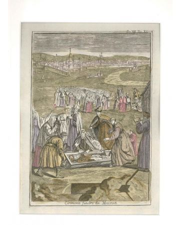 G. Pivati, Moscovite Funeral Ceremony, Hand-watercolored Etch, 1746-51, Feast, Etching, Wartercolour, Old Masters, Uses, Costumes, Asia, America, Sacred, profane, Dictionnary, Scientific, Curious, Church, dogma, Gianfrancesco, Pivati, Venice, Milocco, Rel