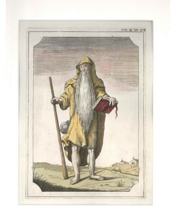 G. Pivati, Wise man with the Holy Scriptures, hand-Watercolored Etch, 1746-51, Feast, Etching, Wartercolour, Old Masters, Uses, Costumes, Asia, America, Sacred, profane, Dictionnary, Scientific, Curious, Church, dogma, Gianfrancesco, Pivati, Venice, Miloc
