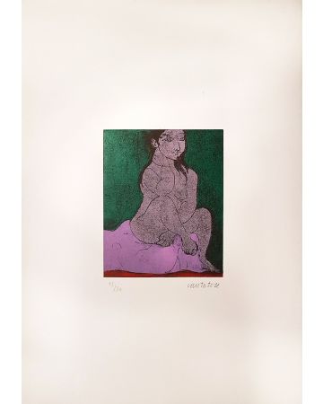 Domenico Cantatore, Donna seduta ( Woman sitting), Etching and Colored Aquatint, 1960, Modern Art, Modern Artwork