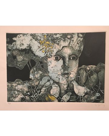 Gorai G., Woman with chickes, Colored Etching, Modern Art, Modern Artwork, Graphic Art