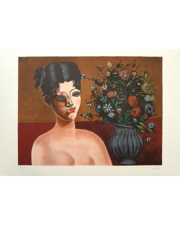 Contemporary art, Artwork, Print, Lithograph, Franco Gentilini,Ragazza con vaso di fiori