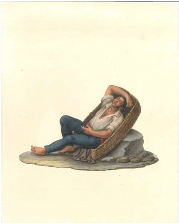 Michela De Vito, Untitled, Watercolour, 1820 c.a., Artwork, traditional costumes, Folk, Old Masters, Naples, worker, farmer, man, sleeping, 