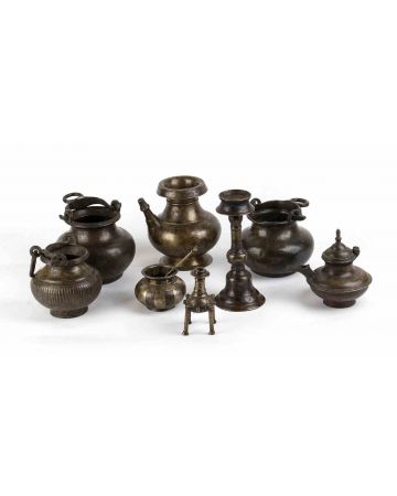 Set of Eight Copper Alloy Containers, One with a Spoon 