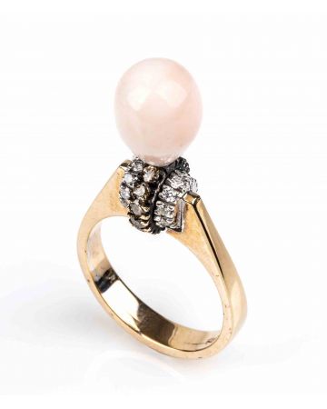 Gold, Pink Coral and White and Brown Diamonds Ring - SOLD