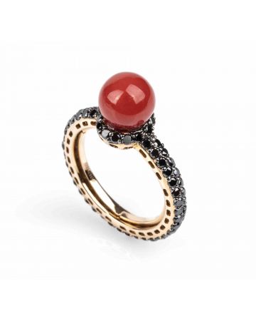 Gold, Mediterranean coral and Black Diamonds Ring - SOLD