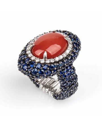 Gold, Mediterranean Coral, Blue Sapphires and Diamonds ring - SOLD