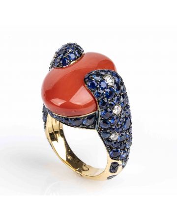 Gold, Mediterranean Coral, Sapphires and Diamonds Ring - SOLD