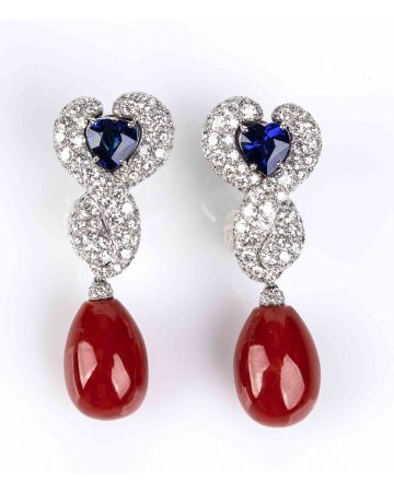 Gold, Aka Coral, Sapphires and Diamonds Earrings - SOLD