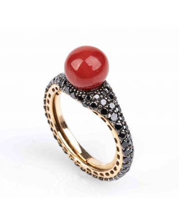 Gold, Coral and Black Diamonds Ring - SOLD