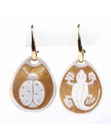 Gold and Sardonica Shell Cameo Drop Earrings - SOLD