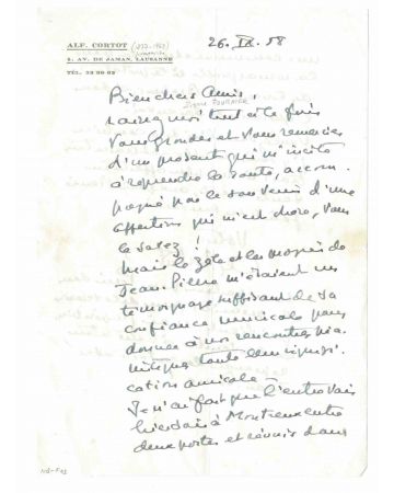Autograph Letter by Alfred Cortot 